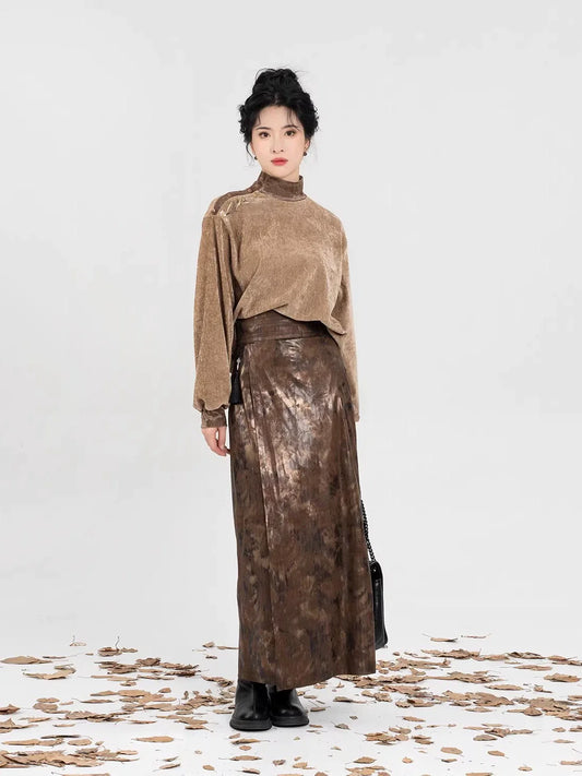 New Chinese Style Women Embroidered Velvet High-Neck Top & Spiral Skirt - Twilight 暮也 (Preorder)