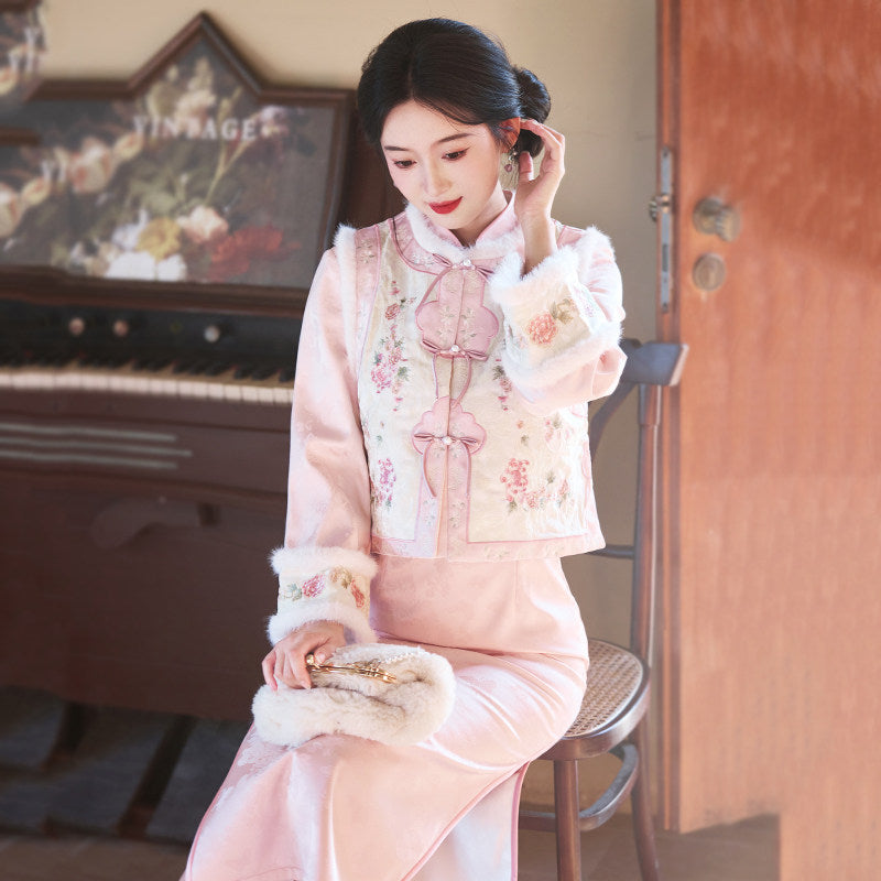 Long Sleeve Fur Trim Floral Qipao and Vest | Pink Roses