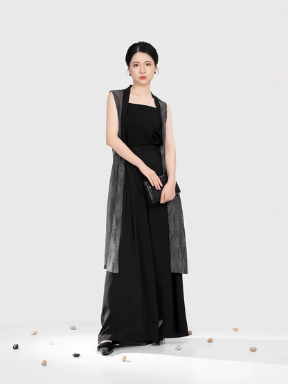 Song Dynasty Modern Hanfu Set with Bijia, Winged Sleeve Top and Wide Leg Pants - Crow Commands 乌翎 (Preorder)