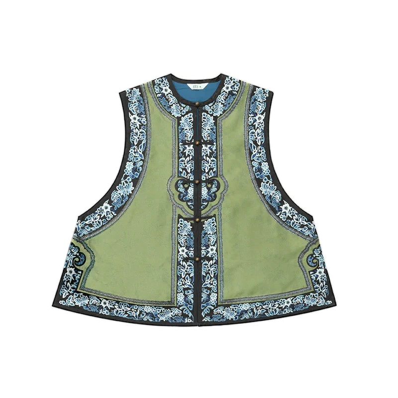 Modern Qing Han Inspired Embroidered Collarless Jacquard Vest - Porcelain 茗瓷 (Preorder)
