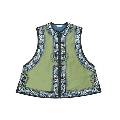 Modern Qing Han Inspired Embroidered Collarless Jacquard Vest - Porcelain 茗瓷 (Preorder)