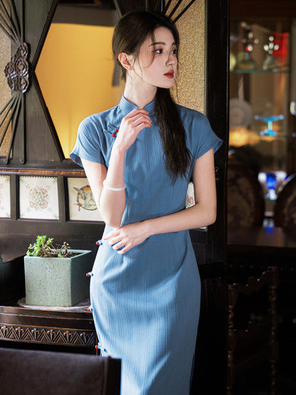 Short Sleeve Long Cheongsam | Peacock Blue