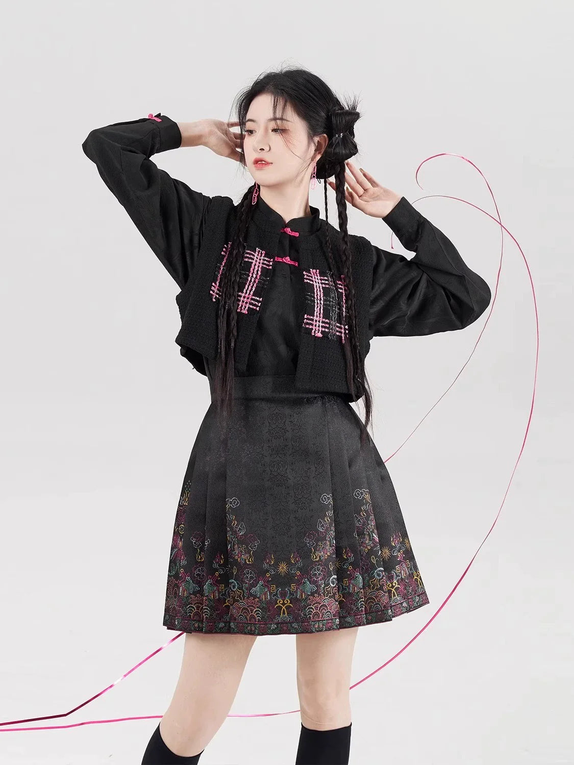 Chinese Blouse & Mini Mamian Skirt Outfit | Neon 霓虹