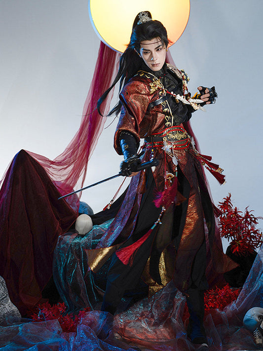 Crimson Flame - wuxia hanfu set, Chinese fantasy period drama style — detail view