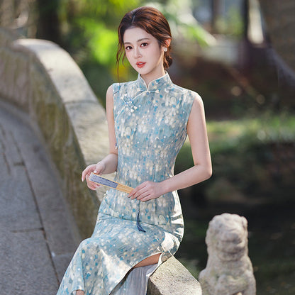 Sleeveless Patterned Midi Cheongsam | Bubbles
