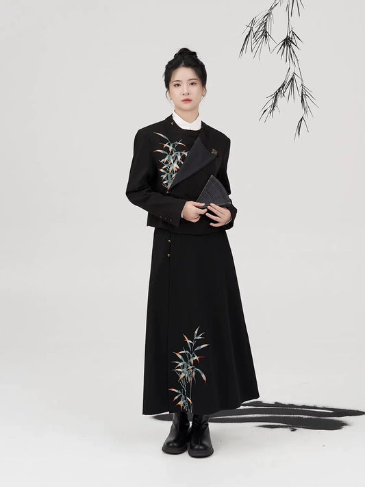 New Chinese Style Round Neck Robe Jacket with A-Line Skirt - Qianshi 谦时 (Preorder)
