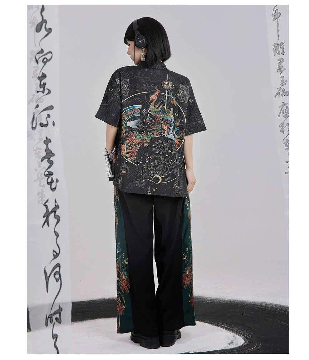 Bronze 青铜 - New Chinese Style Printed Shirt Wide Leg Pants Outfit