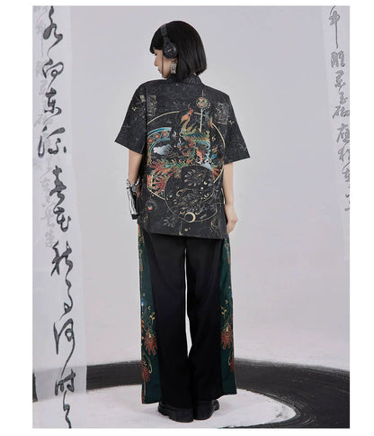 Bronze 青铜 - New Chinese Style Printed Shirt Wide Leg Pants Outfit