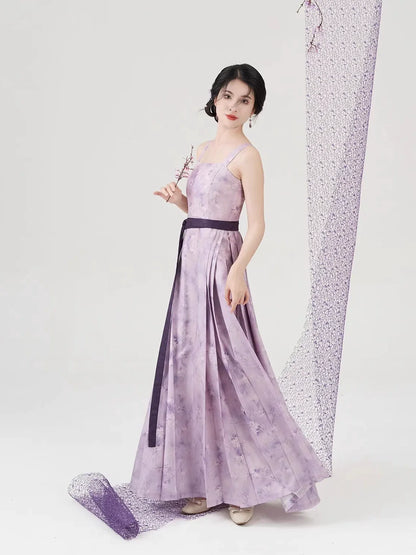 Song Dynasty Modern Hanfu Set with Changgan Temple Beizi and Slip Dress - Flower Date 花有约 (Preorder)