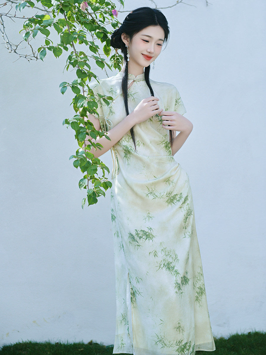 Short Sleeve Modern Midi Cheongsam | Bamboo Leaves