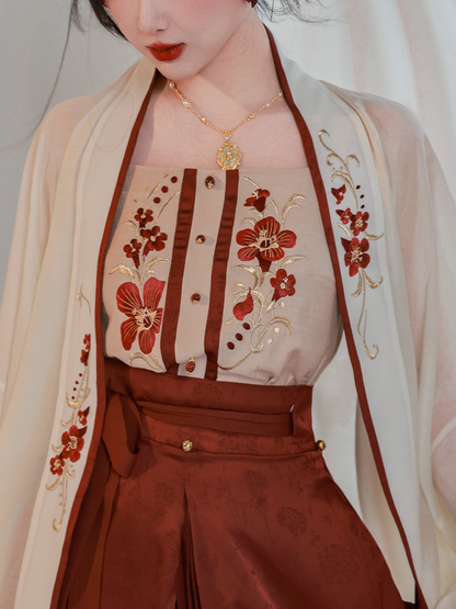 Song Dynasty Modern Hanfu Changgan Temple Beizi and Wrap Skirt - Crimson Cup 赤玉盏 (Preorder)
