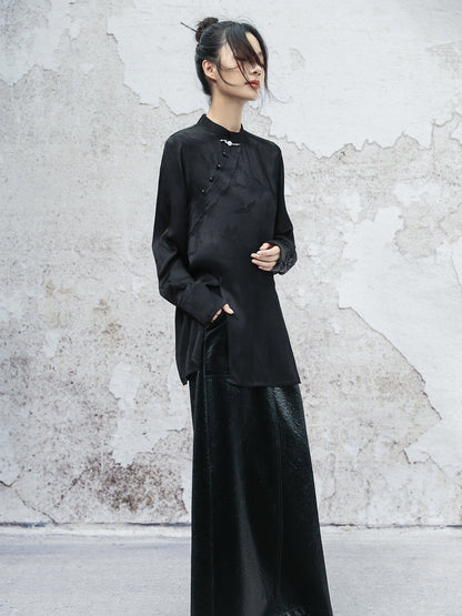 New Chinese Style Satin Crane Dark Pattern Long Sleeve Top - Ciyunjian 辞云间