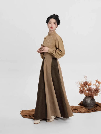 New Chinese Style Women Long Sleeve Top, Skirt & Long Coat Modern Hanfu Set - Brown Pine 泠竹褐松 (Preorder)