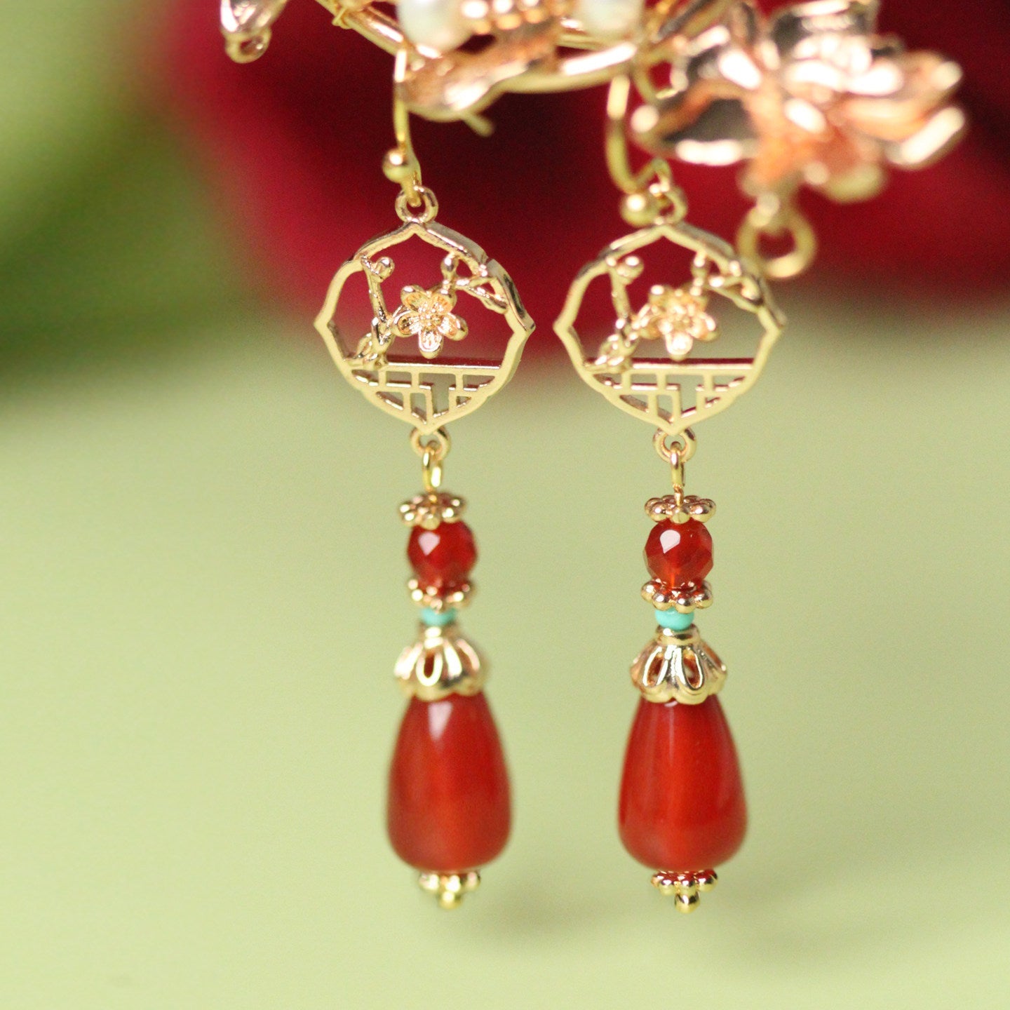 Festive Red Agate Earrings | Hanfu Jewelry