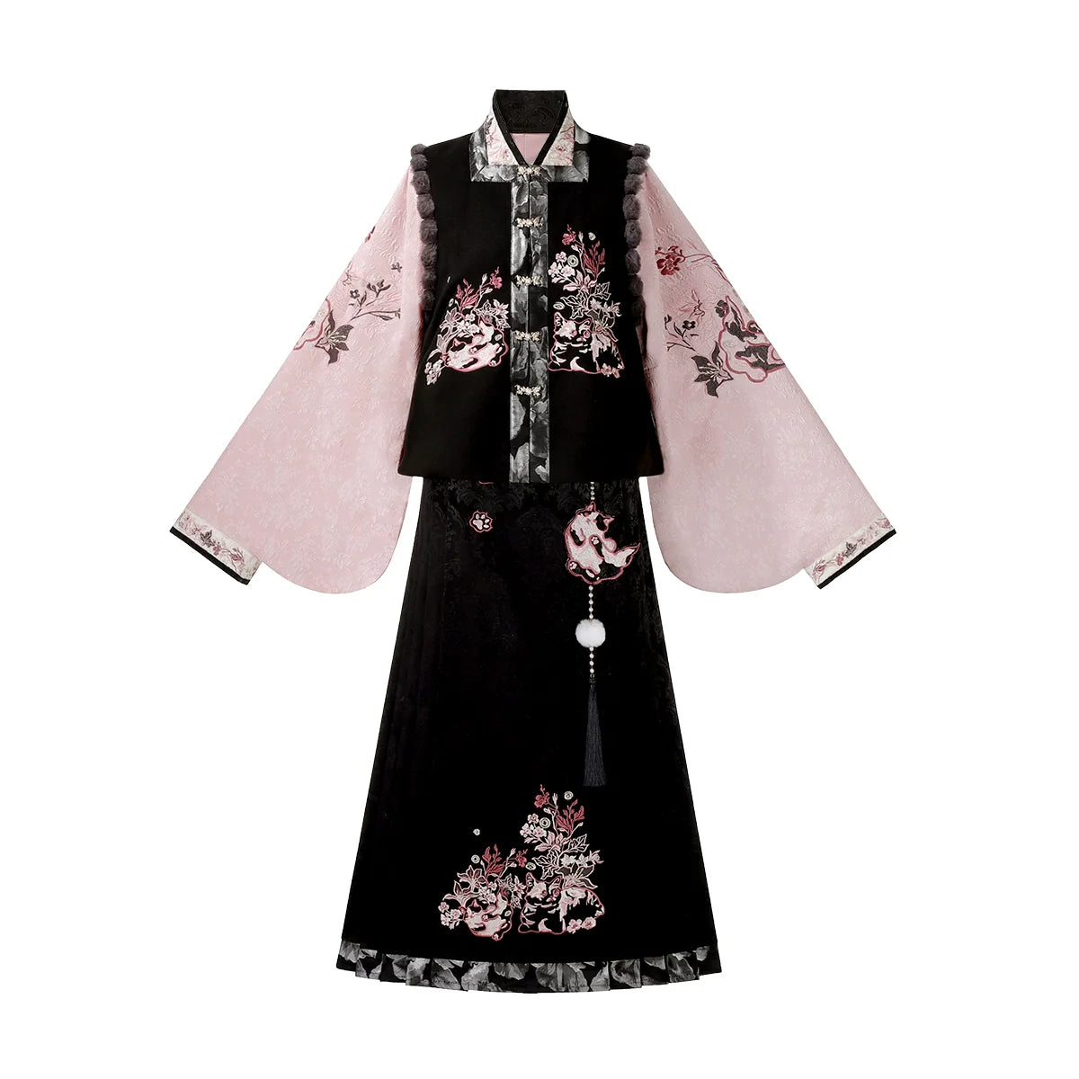 Painted Grace 粉墨千金 - Modern Hanfu Set with Cross-Collar Top, Vest, and Mamian Skirt, Daily New Chinese Style Outfit (Preorder)