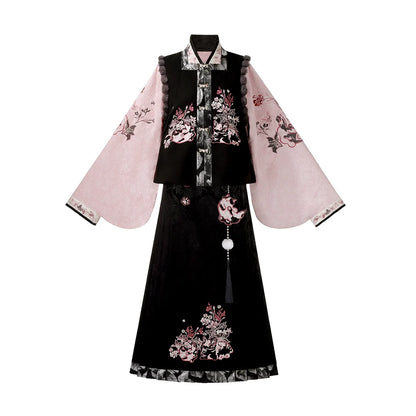 Painted Grace 粉墨千金 - Modern Hanfu Set with Cross-Collar Top, Vest, and Mamian Skirt, Daily New Chinese Style Outfit (Preorder)