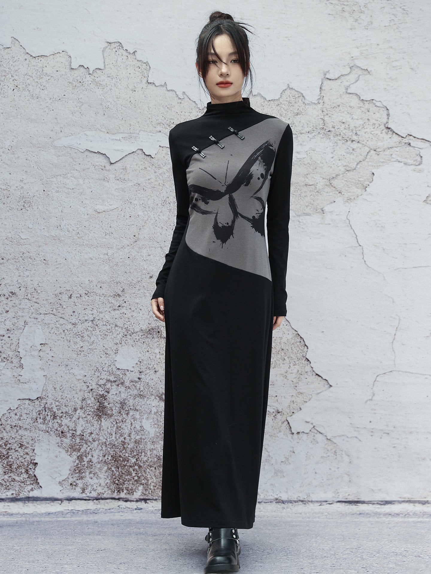 New Chinese Style Retro Ink Butterfly Print Long Sleeve Dress