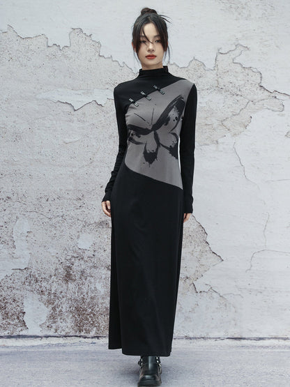 New Chinese Style Retro Ink Butterfly Print Long Sleeve Dress