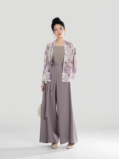 Song Dynasty Modern Hanfu Set with Winged Sleeve Top and Wide Leg Pants - Ziyun 紫芸 (Preorder)
