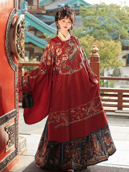Ming Dynasty Wedding Hanfu Set with Robe & Mamian Skirt | Celebration 喜庆