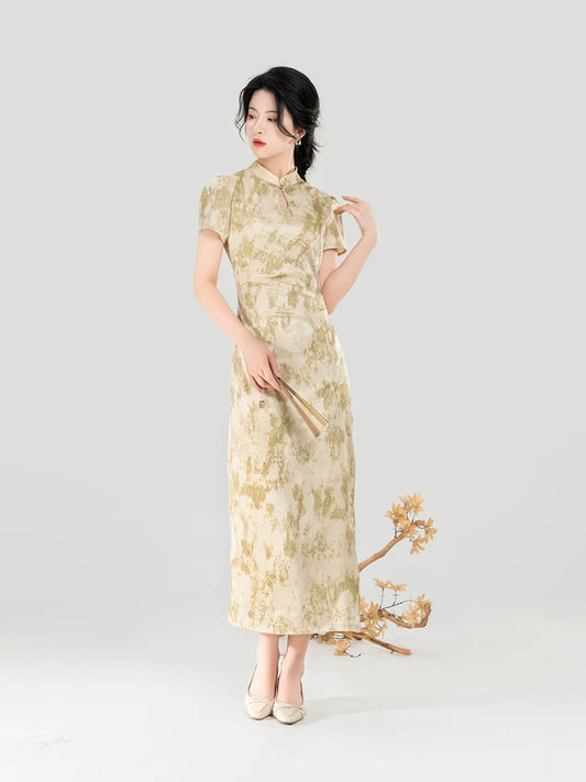 New Chinese Style Short Sleeve Qipao Summer Dress - Apricot Branch 杏枝 (Preorder)