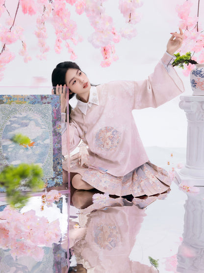 Ming Dynasty Modern Hanfu Brocade Mamian Skirt & Faux Two-Piece Chinese Style Top 雪霁逢春