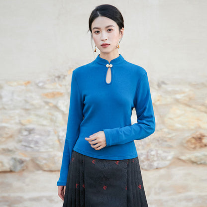 New Chinese Style Knitted Top in Blue - Wind Bamboo