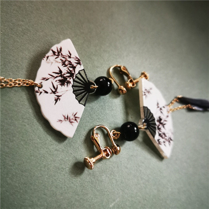 Ink Leaves Fan Shaped Earrings | Cheongsam Jewelry