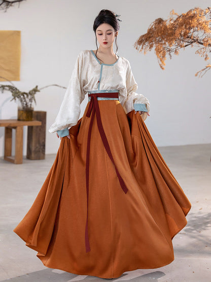 Tang Dynasty Modern Hanfu Round Collar Top and Pleated Wrap Skirt - Crimson Banquet 惊鸿宴 (Preorder)