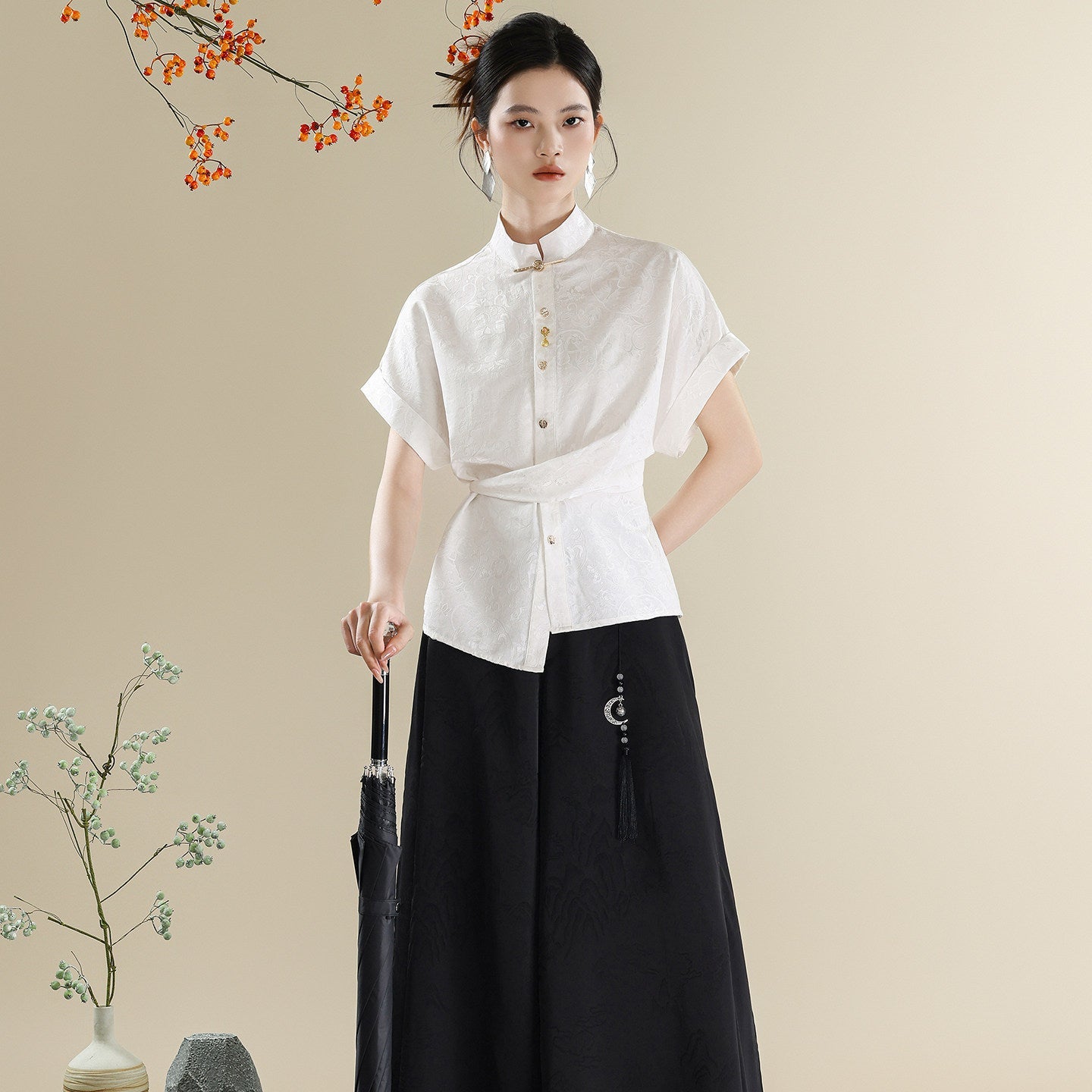 New Chinese Style Mandarin Collar Shirt & Wide-Leg Trousers Three-Piece Set