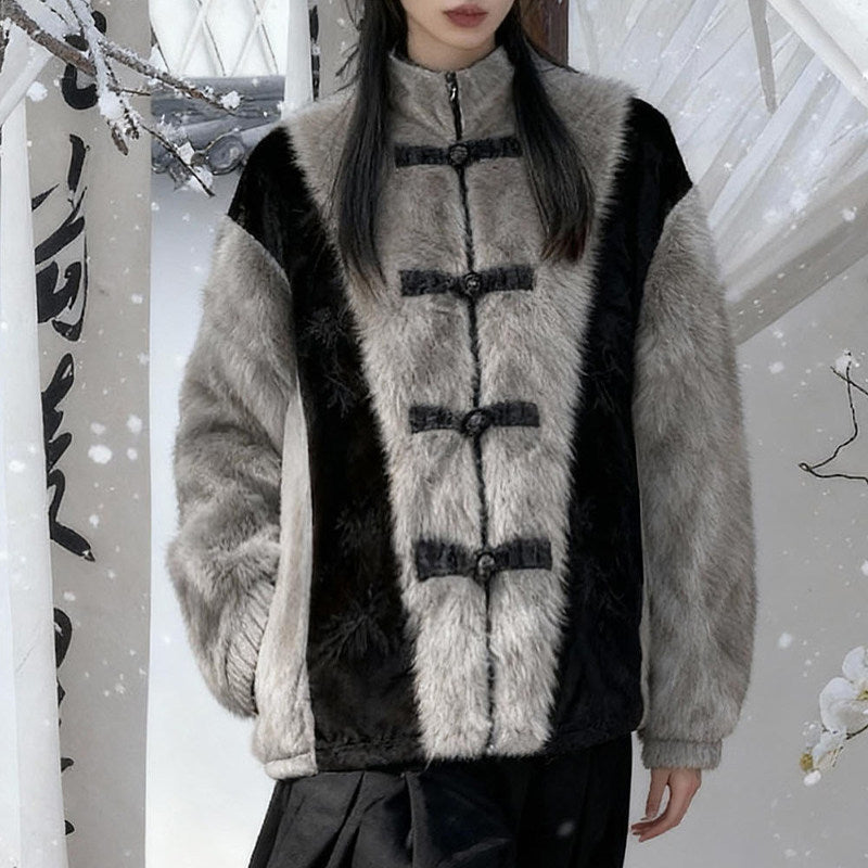 New Chinese Style Faux Rabbit Fur Jacket - Golden Bamboo Leaf 金竹叶 (Preorder)