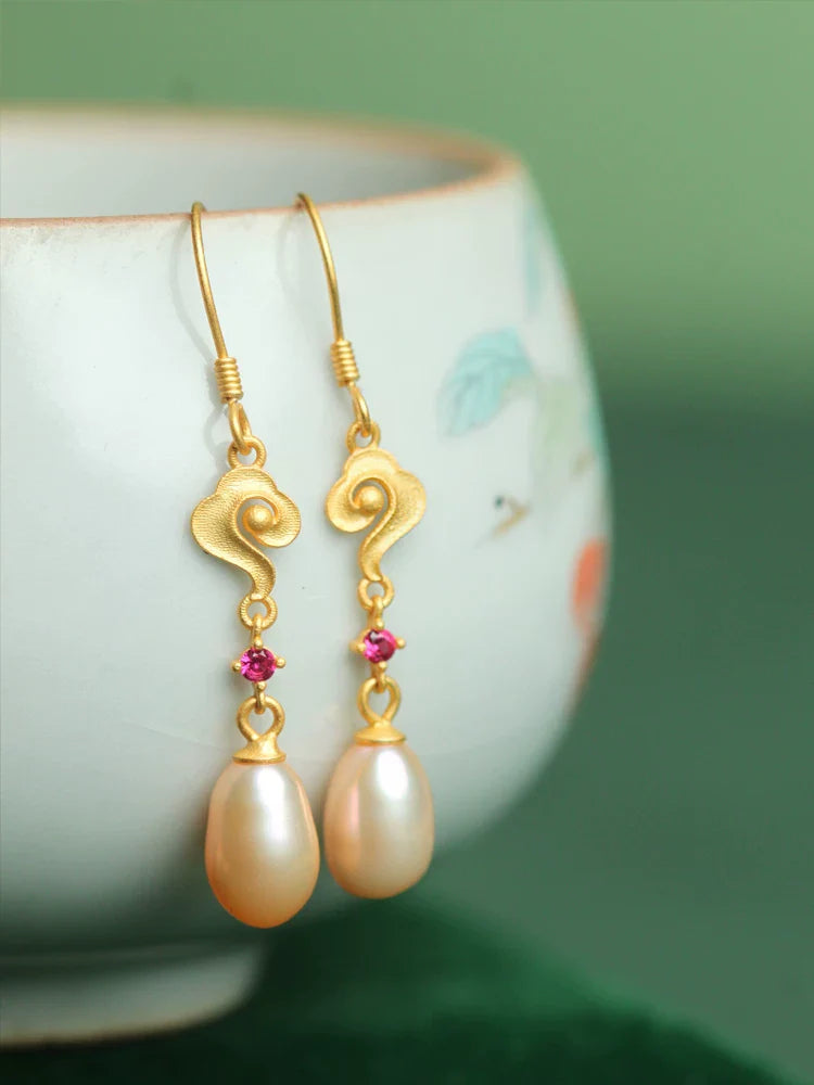 Golden Clouds Pearl Drop Earrings | Hanfu Jewelry