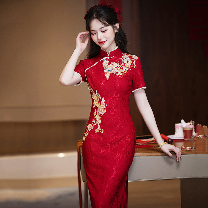 Chinese Wedding Engagement & Tea Ceremony Short Sleeve Cheongsam | Magpie Bridge