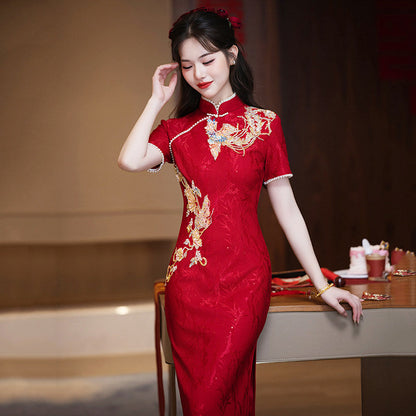 Chinese Wedding Engagement & Tea Ceremony Short Sleeve Cheongsam | Magpie Bridge