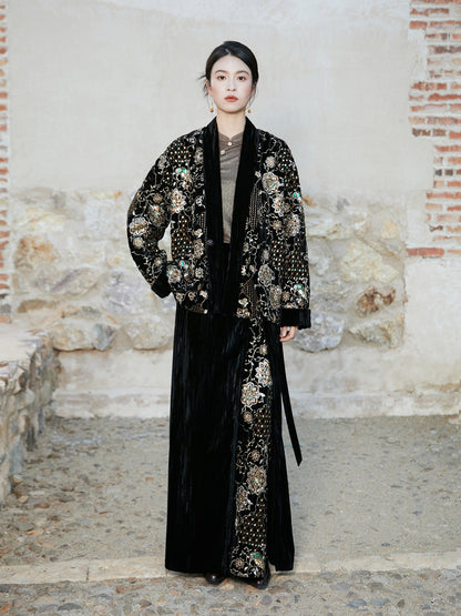 New Chinese Style Beaded Embroidery Cotton Padded Oversized Jacket and Velvet Spiral Skirt - Zhimian 知棉