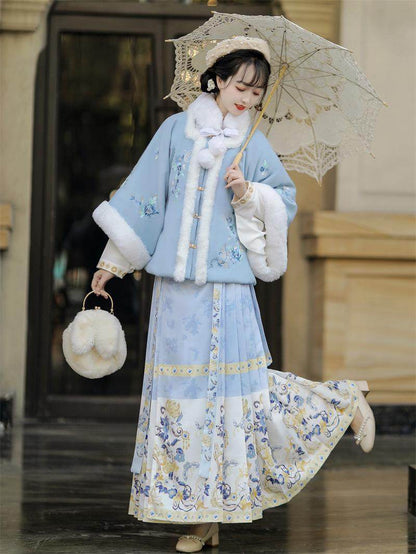 Ming Dynasty Embroidered Fleece Square Collar Jacket & Printed Mamian Skirt | Lanting 兰亭