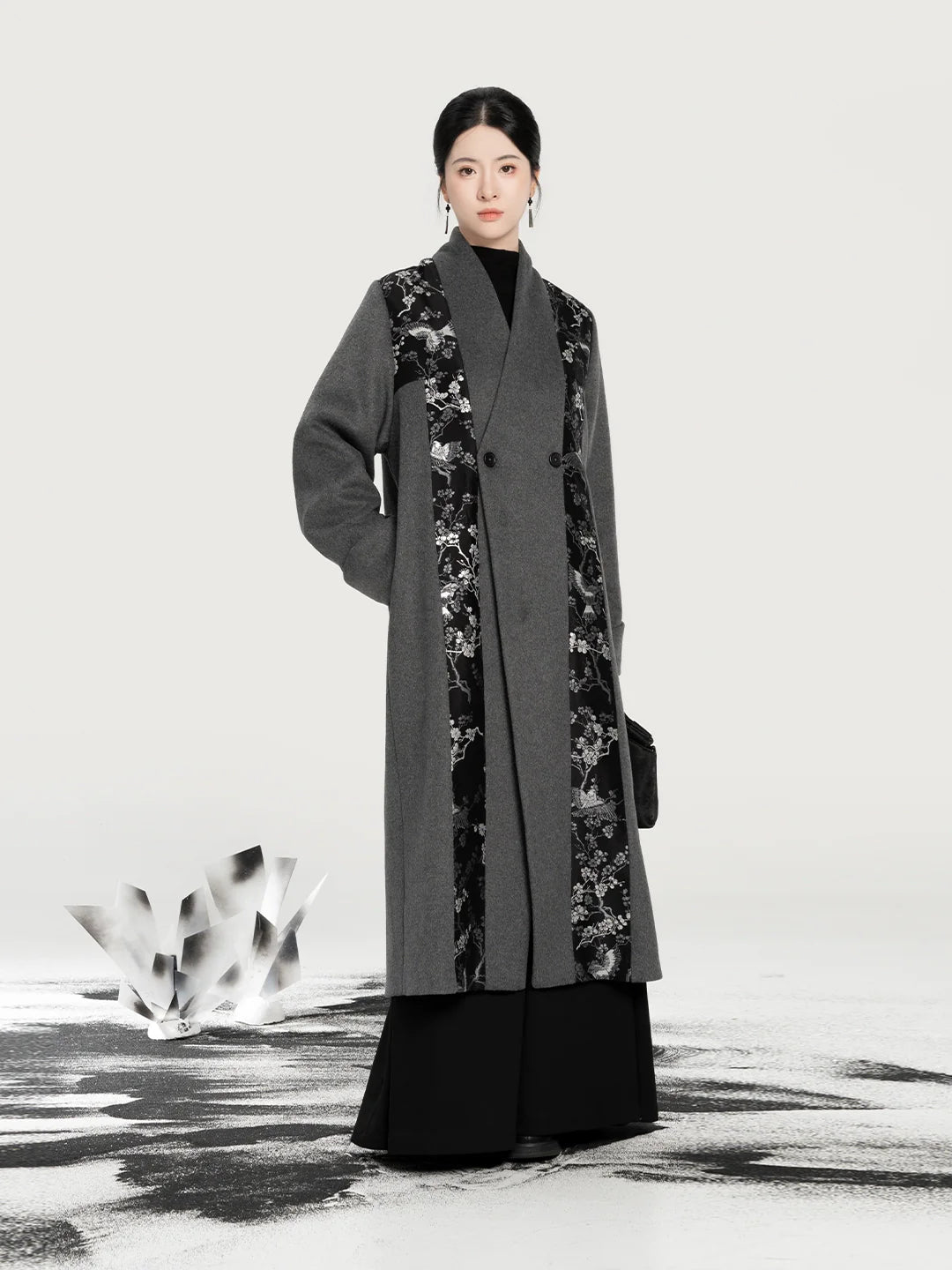 New Chinese Style Wool Coat Magpie & Plum Blossom Silver Woven Overcoat - Hanzhi 寒至 (Preorder)