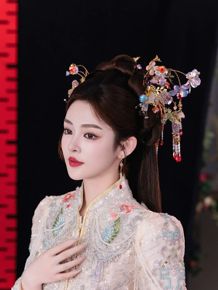 Crystal Butterfly Mist - Light Floral Bridal Hairpin Tassel Chinese Wedding Headpiece for Hanfu and Xiuhe Bride