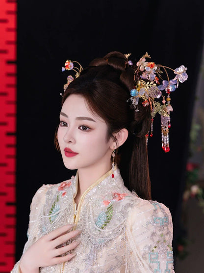 Crystal Butterfly Mist - Light Floral Bridal Hairpin Tassel Chinese Wedding Headpiece for Hanfu and Xiuhe Bride