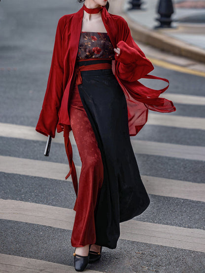 Song Dynasty Modern Hanfu Winged Sleeve Top and Spiral Skirt - Rose Whispers 玫瑰夜语 (Preorder)