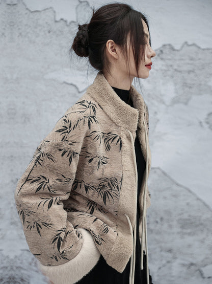 New Chinese Style Bamboo Leaf Woolen Plush Jacket - Yin Qiu 寅秋
