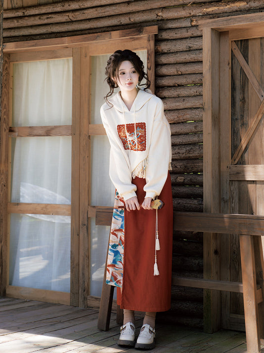 New Chinese Dunhuang Style Hooded Sweater and Wrap Skirt - Singing Deer 鹿鸣