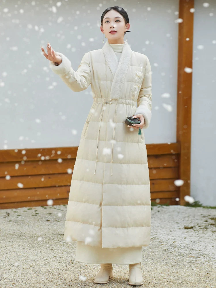 Han Shunning 寒霜吟 - Chinese Style Women Long Winter Coat, 90% White Duck Down, Lightweight Warm Hanfu Outerwear