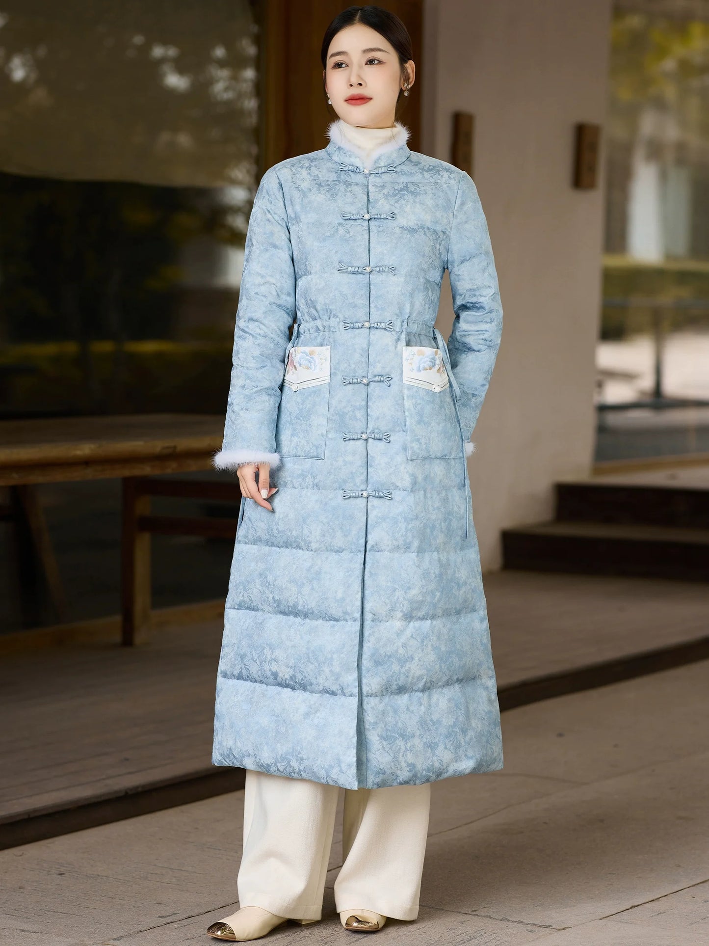 Pine Smoke 松烟客 - Sky Blue Down Coat for Women with Frog Buttons, Qipao-Inspired Winter Outerwear
