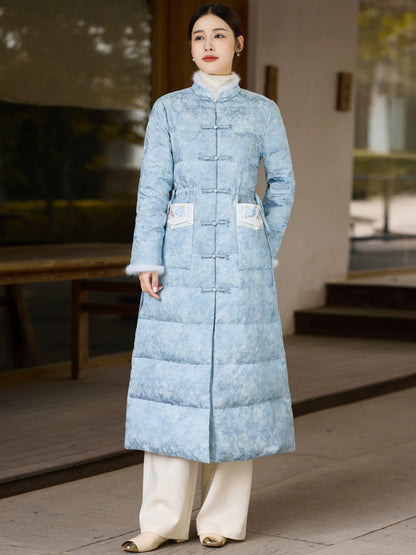 Pine Smoke 松烟客 - Sky Blue Down Coat for Women with Frog Buttons, Qipao-Inspired Winter Outerwear
