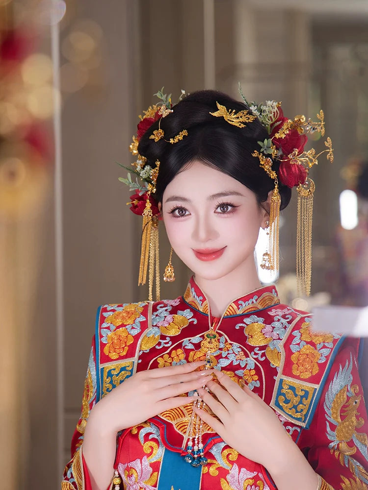 Crimson Phoenix Whisper - Red and Gold Phoenix Bridal Hairpin Vintage Chinese Wedding Headpiece