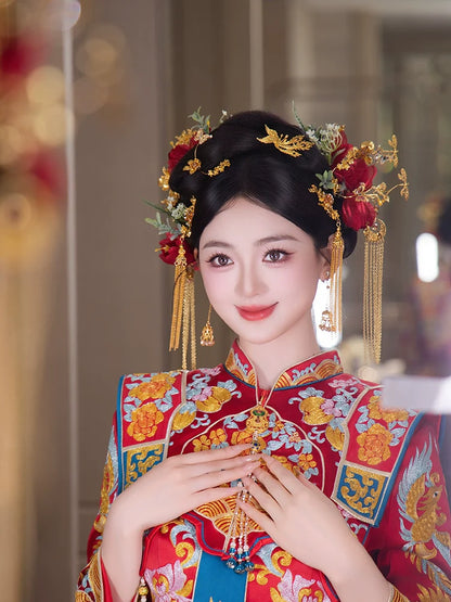 Crimson Phoenix Whisper - Red and Gold Phoenix Bridal Hairpin Vintage Chinese Wedding Headpiece