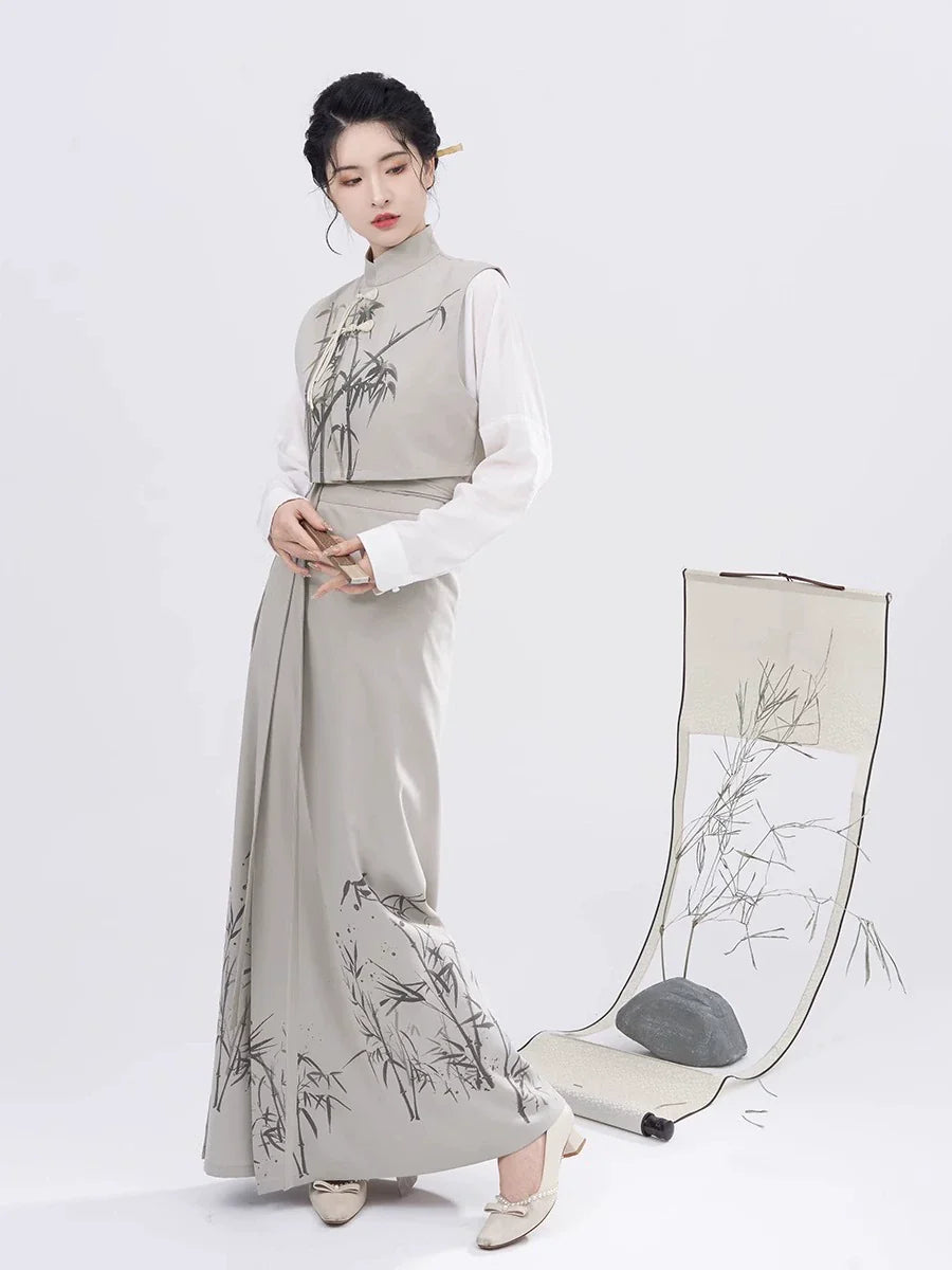 Song Dynasty Modern Hanfu Set with Majia, Long Sleeve Top and Spiral Skirt - Charming Bamboo 君竹 (Preorder)