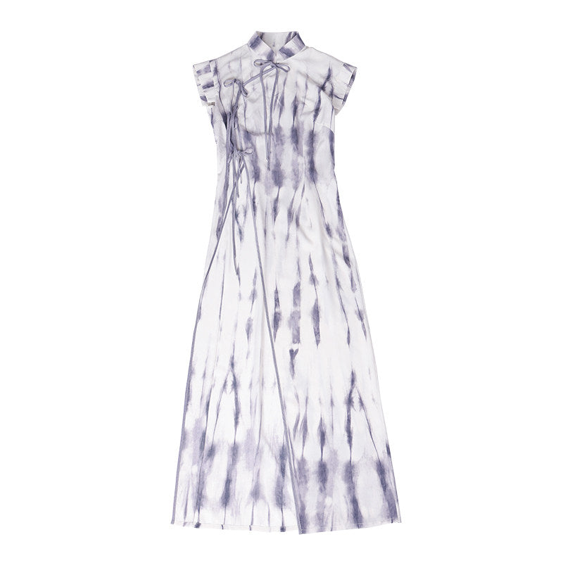 New Chinese Style Sleeveless Tie Dye Cheongsam Dress in Grey - Misty Clouds 云烟 (Preorder)