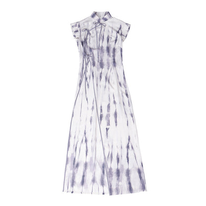 New Chinese Style Sleeveless Tie Dye Cheongsam Dress in Grey - Misty Clouds 云烟 (Preorder)